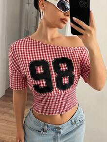 SHEIN SXY Asymmetric Collar Red & White Plaid Numeric Print Top,Carnival,Party,Rave Outfit ,Summer, Spring,Beach,Going Out,Y2K,Red , Plaid - Multicolor - View 6