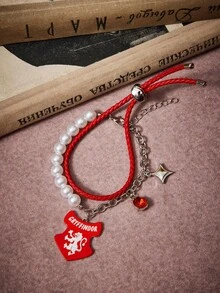 HARRY POTTER X SHEIN Zinc Alloy Cartoon Animal Print Pendant, Faux Pearl Chain Link, Adjustable Braided Bracelet Set, Minimalist Luxury, Fashionable And Suitable For Parties, Concerts, Festivals - Platinum - View 8
