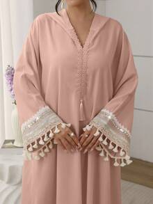 SHEIN Najma Modest Cutout Hooded Lace Ribbon Batwing Tassel Pink Dress For Women, For Parties, Date Night Special Occasion Evening Events Party Ready - Pink - View 5