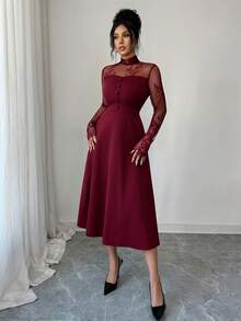 Modelyn Women's Elegant French Style Lace Patchwork Midi Dress, Suitable For Party And Gathering - Burgundy - View 6