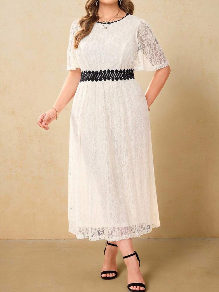 Plus Size Women Elegant Vacation Lace Color Block Ruffle Trim Midi Dress, Apricot,Early Spring,Spring Break Outfits ,Vacation Outfits Women ,Holiday Outfits For Women,Spring Dress Women,Going Out Outfits,2026 New Clothes,Simple And Fashionable For Everyday Wear, White Plus Size Dress, Plus Size Crochet Dress, White Modest Dress ,Elegant White Dress Curve