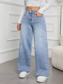 SHEIN Tall Women's Fashionable Casual Washed Metallic Denim Jeans, Autumn - Blue - View 3