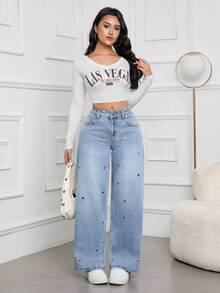 SHEIN Tall Women's Fashionable Casual Washed Metallic Denim Jeans, Autumn - Blue - View 7