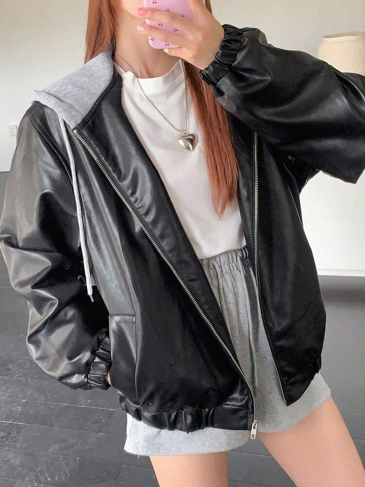 Front Zipper Long Sleeve Solid Color Patchwork Hooded Faux Leather Jacket, Casual Daily Wear,Fall Women Clothes
