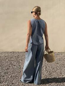 DAZY Women's Casual Denim Vest And Pants Set - Blue - View 2