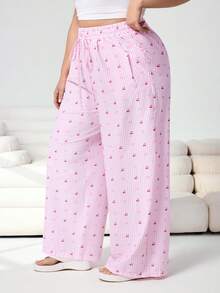 Solflare Quần ống rộng kẻ sọc toàn thân dáng casual dễ thương, có dây rút, cỡ lớn - Nhiều màu - Xem 4