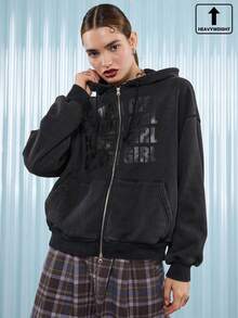 COUREZ Áo hoodie đen in khẩu hiệu có khóa kéo phía trước cỡ lớn/Quần áo mùa đông Y2K dành cho nữ Áo nỉ dành cho nữ Áo hoodie dành cho nữ Gợi cảm Rave Coy - màu đen - Xem 1