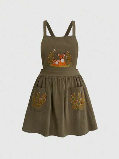 ROMWE Fairycore Plus Size Vintage Embroidered Deer Cottagecore Style Pinafore Dress