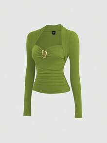 Sweetra Plus Size Fashionable Metal Decor Waist Fitted T-Shirt - Green - View 3
