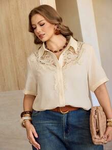 Roveilla Women's Sheer Linen French Elegant Commute Vacation Romantic Casual Afternoon Tea Dropped Shoulder Ruffle Collar Placket Long Loose Short Sleeve Blouse - Apricot - View 6