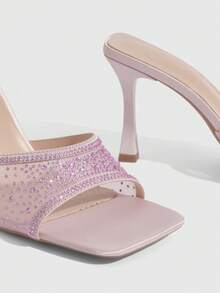 CUCCOO SZL 女士时尚方头高跟粉色网纱水钻露趾凉鞋，一体式套脚凉鞋，时尚迷人性感派对高跟鞋 - 粉色 - 查看 6