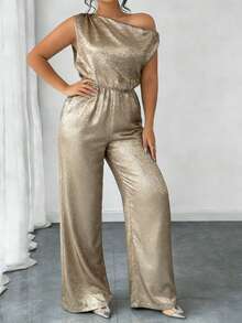 INAWLY Plus Size Elegant Asymmetric Neckline Batwing Jumpsuit - Gold - View 4