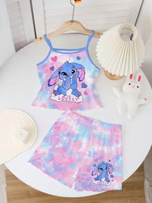 2件套女童扎染兔子爱心印花吊带背心和配套扎染兔子印花短裤睡衣套装，甜美可爱家居服 - 粉色 - 查看 4