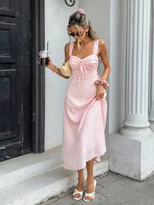 Pariaura Women's Pink And White Ditsy Floral Spaghetti Strap Maxi Dress,Elegant Summer French Style Tie Front Waist Cinching Midi Sundress For Brunch Vacation - Pink - View 3