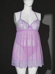 SHEIN Ensemble de lingerie sexy en 2 pièces avec robe en maille bordée de dentelle et armature, grande taille - Prune - Voir 7