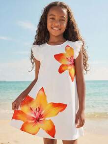 SHEIN 少女款编织花卉图案休闲圆领连衣裙 - 白色 - 查看 3