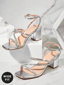 SHUZIA 女士舒适宽跟优雅水钻高跟凉鞋 - 銀色 - 查看 7