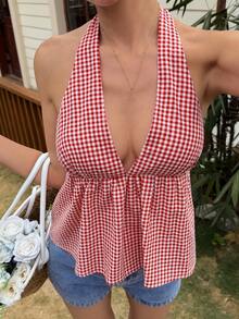 DAZY Beach Party Holiday Outfit Summer Cotton Red Plaid Halter Neck Cinched Waist Tank Top For Women - Red - View 4