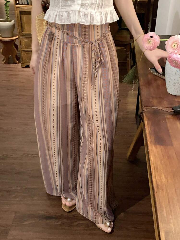 Women's Bohemian Printed Chiffon Pants, Vintage Style, Relaxed Fit, Suitable For Petite, Summer Boho