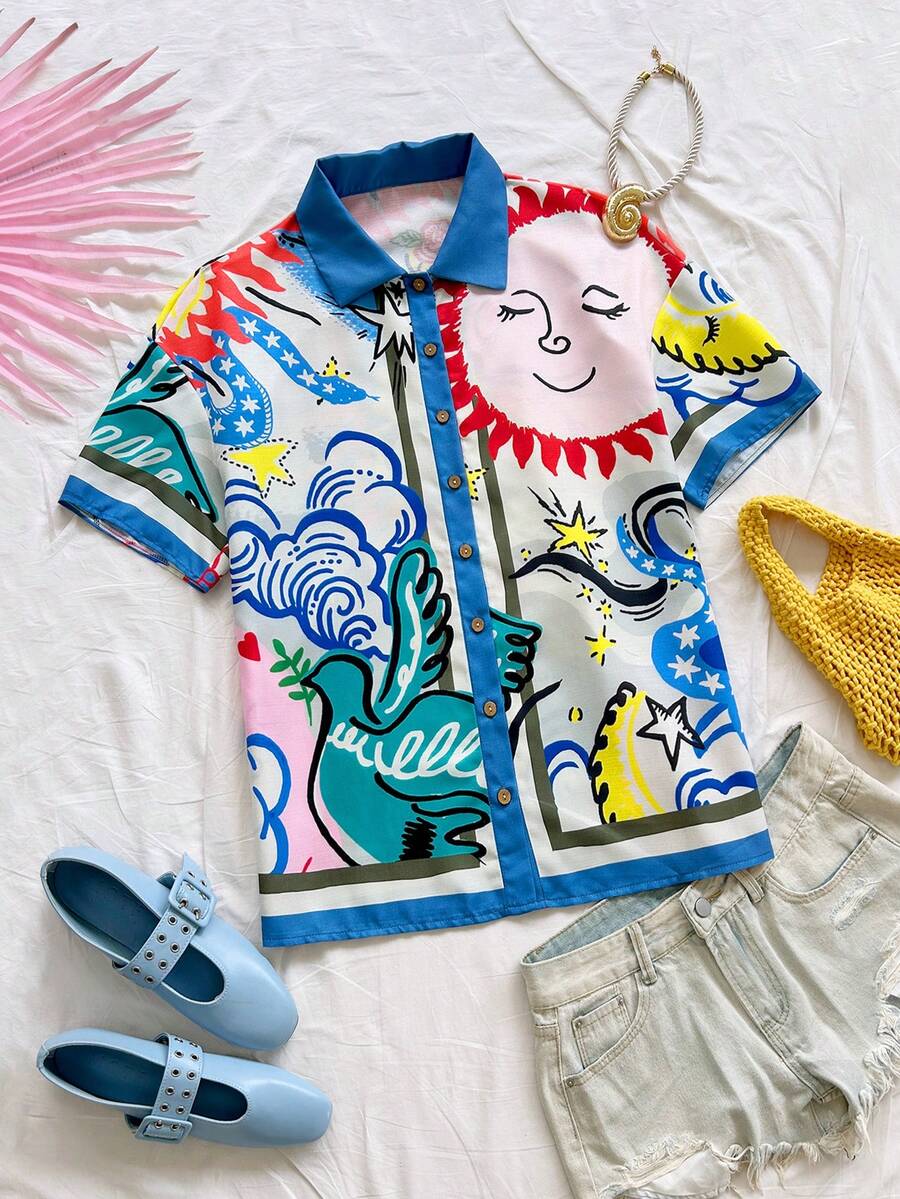 Soleia 女士彩色涂鸦印花翻领衬衫，适合海滩、邮轮、城市、度假、约会、下午茶、音乐节、波西米亚风、海滩度假村、海岛度假村、海滩假期、音乐节等场合，四季皆宜，日常通勤也适用。