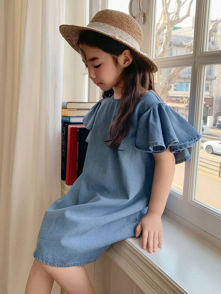 Young Girls' Solid Color Round Neck Ruffle Hem Casual Loose Denim Dress, Summer