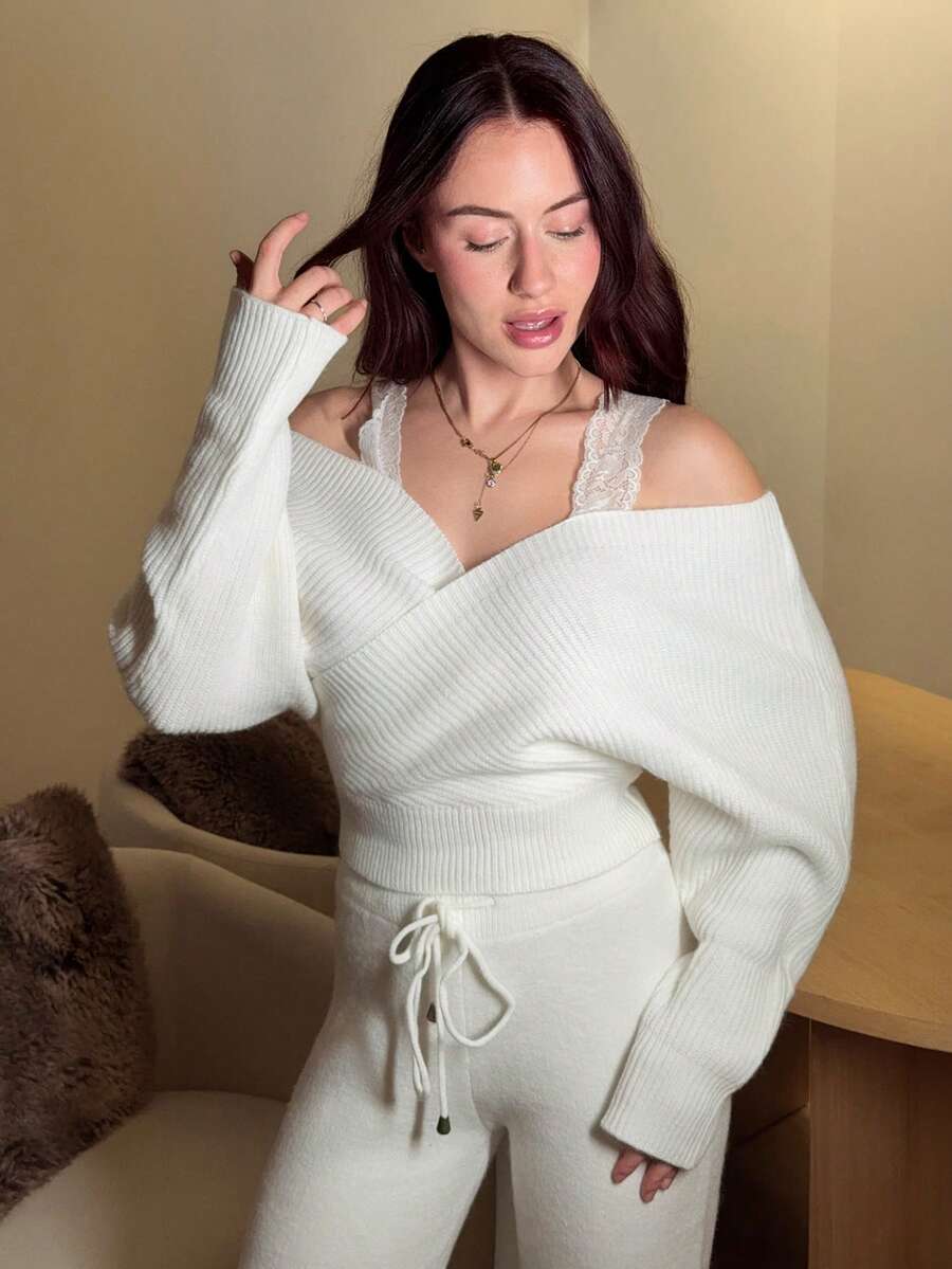 Abrilcols 2pcs Women's Off-Shoulder V-Neck Lace Strap Loose Wide Leg Pants Knit Sweater Set, Cozy Home Outfit - White - View 1