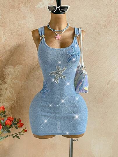 Soleia New Arrival Tight Fitted Square Neck Sequin Starfish Cut-Out Slit Bodycon Dress, Suitable For Spring/Summer Wear, Sexy & Charming For Party, Date, Valentine's Day, Romantic, Carnival, Beach Cruise, Afternoon Tea