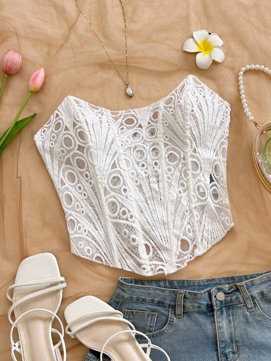 Soleia Spring/Summer New Casual Vacation Western Beach Wedding Guest Attire Graduation Brunch, St. Patrick's Day Spring Break Easter Music Festival Elegant Boho Tropical Backless Romantic Valentine's Day Wedding Season Date Lace Texture White Tube Top For Women - White - View 1