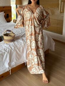 DAZY Áo ngủ dài nữ thanh lịch in hoa, dáng rộng, cổ chữ V. - trái cam - Xem 8