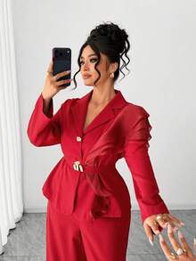 Elenzga 大码女士优雅3D立体花卉荷叶边套装，酒红色裤装外套，时尚通勤春夏两件套，适合毕业典礼、节日、情人节、音乐节、母亲节、万圣节、感恩节、复活节、国庆节、晚宴、约会、派对、婚礼、郊游等场合。 - 酒紅色 - 查看 8