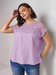 SHEIN Clasi Camisa de talla grande de verano, de unicolor, con parches de encaje - Lila Púrpura - Ver 4
