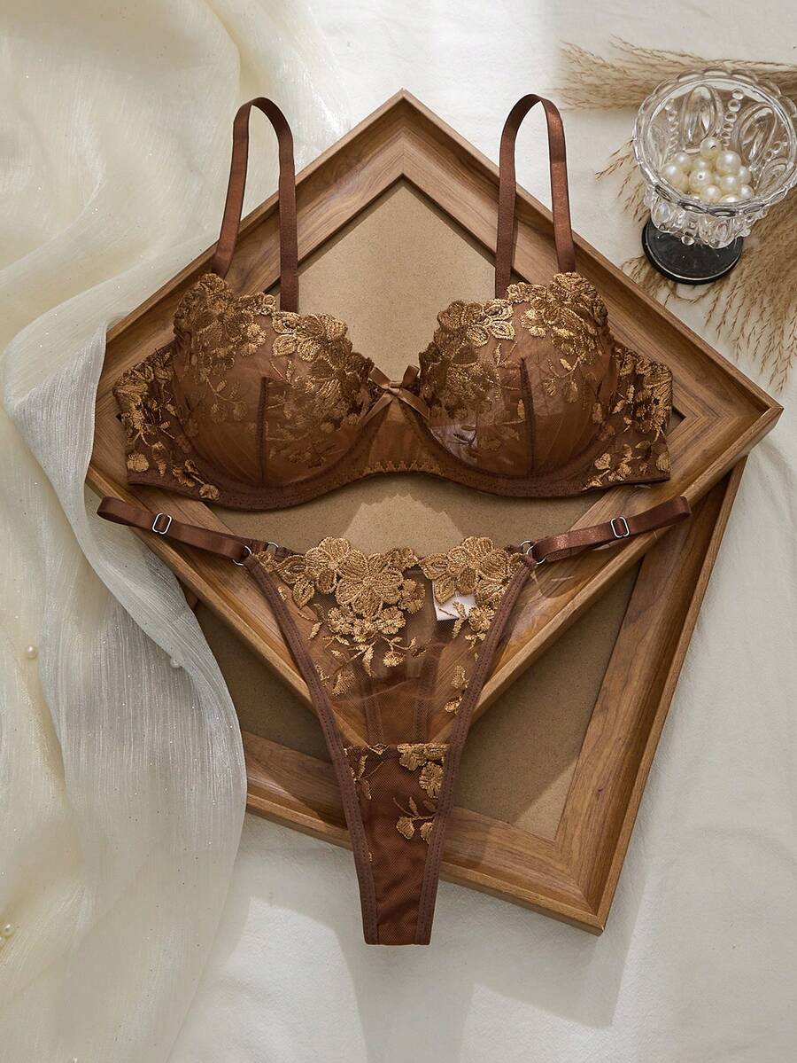 2pcs Mesh Embroidery Women's Lingerie Set - Coffee Brown - View 1