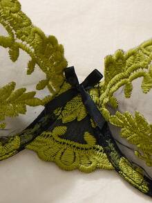 Women Floral Embroidery Spaghetti Strap Bra, Thong Panty, Garter Belt & Leg Garter Sexy Lingerie Set, Daily Wear - Olive Green - View 5