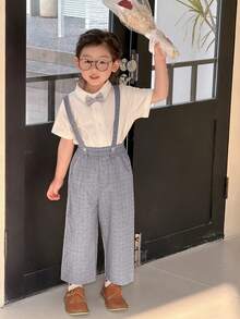 DAZY Young Boy's White Short Sleeve Shirt And Detachable Suspender Pants Gentleman Suit Set, Spring/Summer/Autumn - White - View 3
