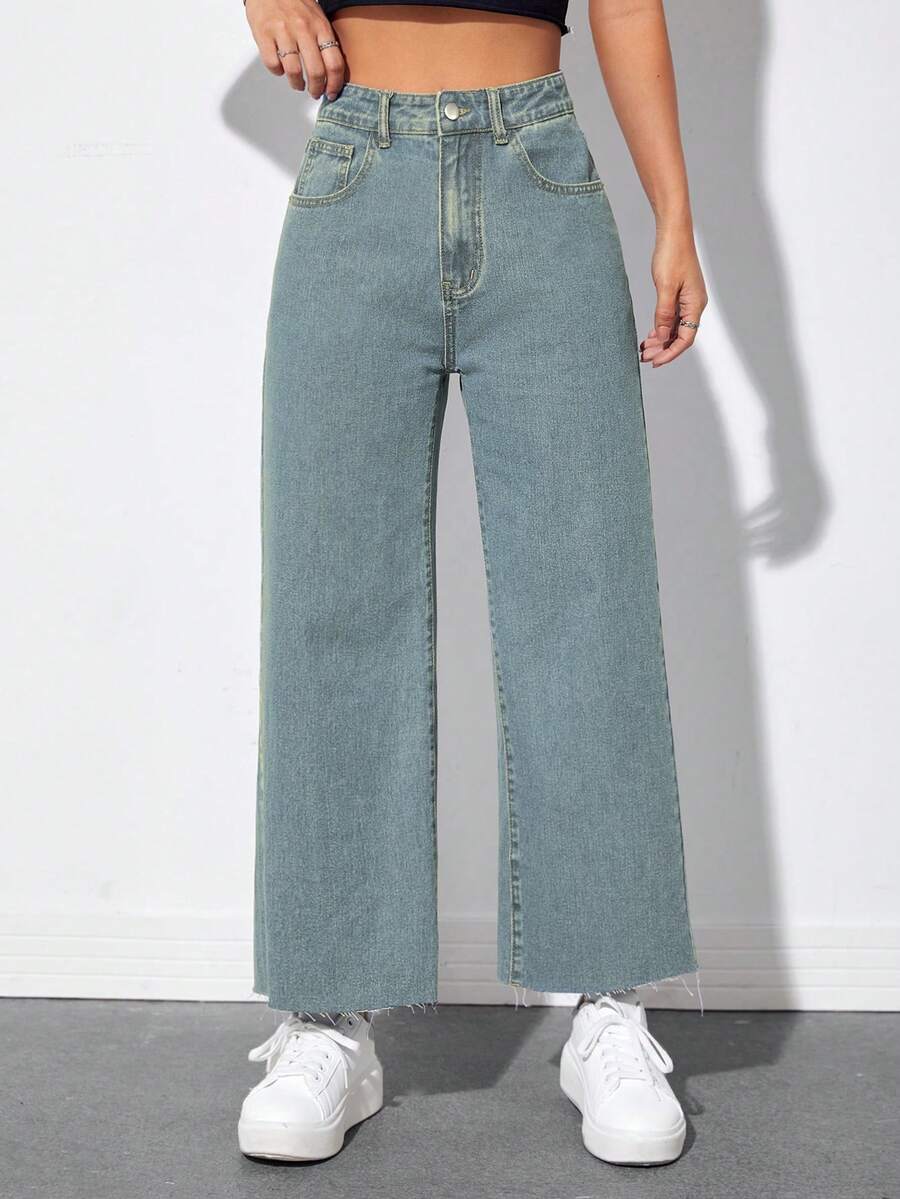 SHEIN LUNE Casual Washed High-Waisted Straight-Leg Jeans - Blue - View 1