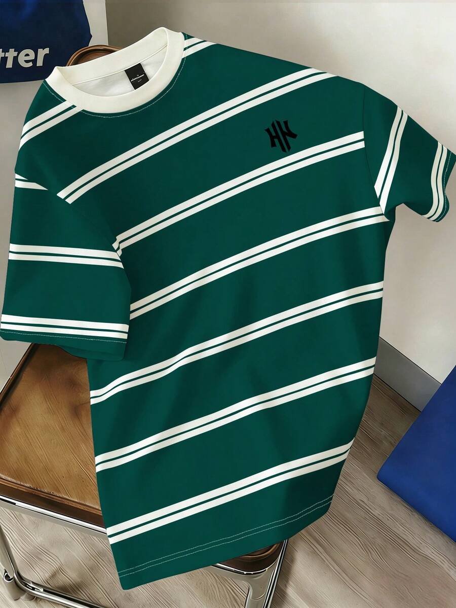 Manfinity Joysei Áo thun nam cổ tròn tay ngắn kẻ sọc, kiểu dáng thường ngày, đa năng cho mùa hè. - Màu xanh lá cây đậm - Xem 1