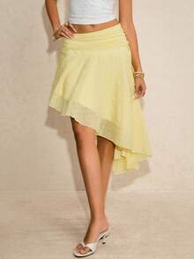 Poéselle 女士纯色腰部褶皱不对称下摆时尚中长裙 - 黃色 - 查看 5