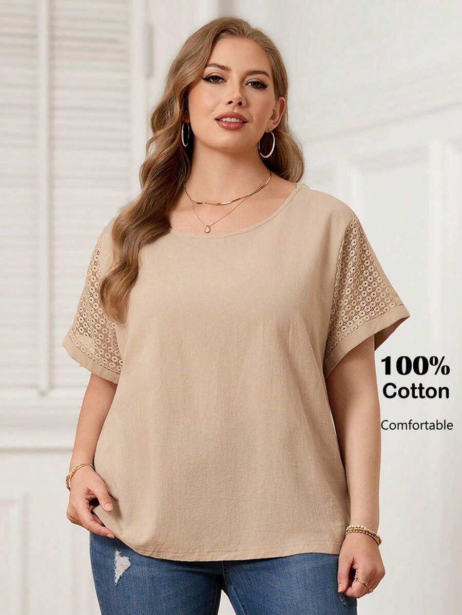 Rosumi 大码女式夏季休闲度假乡村春季纯色卡其色蕾丝拼接圆领短袖衬衫，舒适透气，适合夏季假期、春假、度假、外出等场合，2026新款，简约时尚，日常穿着，休闲度假波西米亚风上衣，休闲上衣，适合夏季、度假、通勤、日常穿着 - 卡其色 - 查看 1