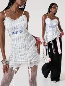 ROMWE Y2K 女士运动条纹抽绳蕾丝吊带V领迷你连衣裙 - 彩色 - 查看 1