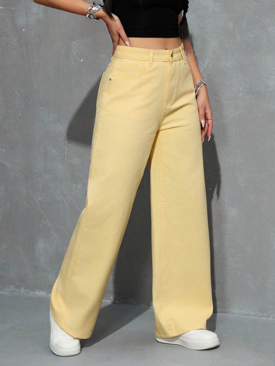 Jeanoix Women's Casual Solid Color Slant Pocket Straight Leg Jeans - Mustard Yellow - View 1