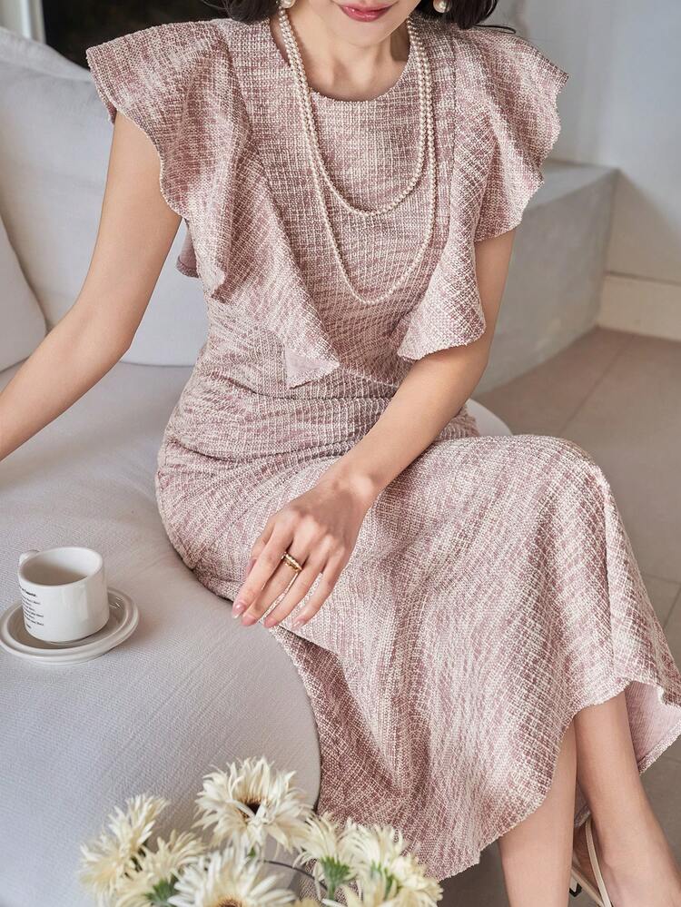 Women's Elegant Textured Ruffle Hem Round Neck Mid-Length Dress, Summer Wedding Guest Dress Sundress