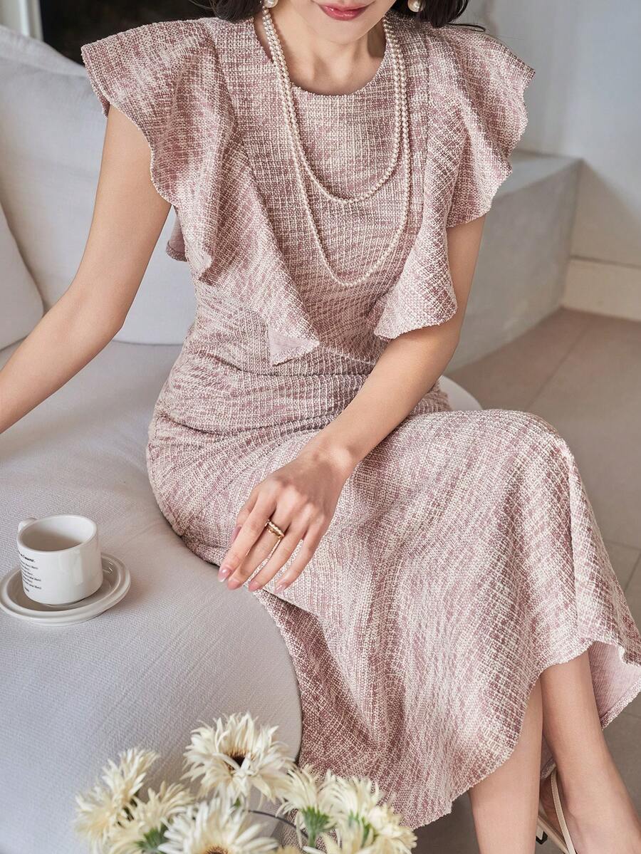 DAZY Women's Elegant Textured Ruffle Hem Round Neck Mid-Length Dress, Summer Wedding Guest Dress - Pink - View 1