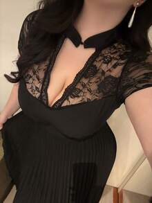 SHEIN PETITE CURVE V领中国风蕾丝拼接长袖连衣裙，优雅A字下摆鸡尾酒会礼服，适合大码女性 - 黑色 - 查看 5