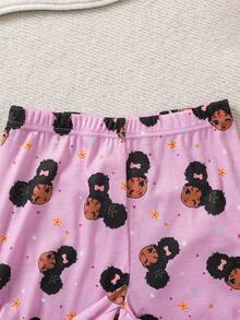 SHEIN Tween Girl Cartoon Print Snug Fit Short Sleeve & Long Pants Cute Casual Knit Pajama Set - Baby Pink - View 5