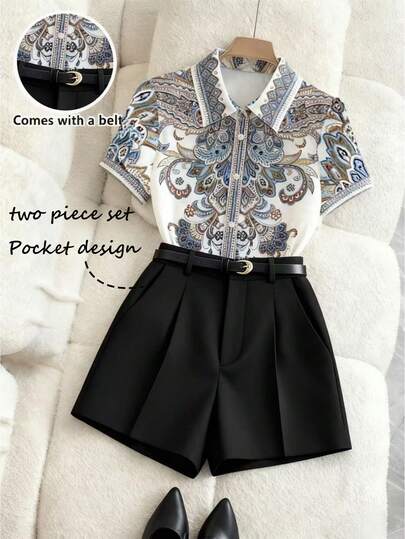 SHEIN Franclia Women's 2-Piece Set: Mandarin Collar Short Sleeve Cardigan With Button Closure Design, Retro Print High Waist A-Line Pants With Included Black Belt, Casual & Fashionable Daily Wear