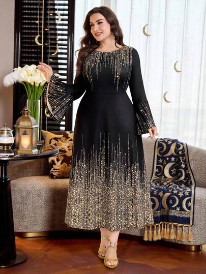 Modelyn Plus Size Women Casual Party Flare Sleeve Dress