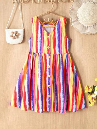 SHEIN Tween Girls' Casual Sleeveless Woven Colorful Striped Dress, Spring/Summer