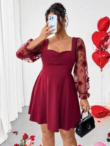 Elenzga 大码女式荷叶边褶皱薄纱刺绣网纱袖露背弹力腰连衣裙。新款夏季女式荷叶边褶皱泡泡袖A字连衣裙，优雅约会装扮。酒红色薄纱拼接收腰泡泡袖迷你连衣裙，迷人约会装扮。 - 酒紅色 - 查看 7