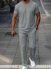 Manfinity Homme Men's Grey Summer Casual 2-Piece Set,Short Sleeve Crew Neck T-Shirt And Pant Matching Sets For City Break,Outdoor Sports,Daily Leisure & Travel Wear - Light Grey - View 1