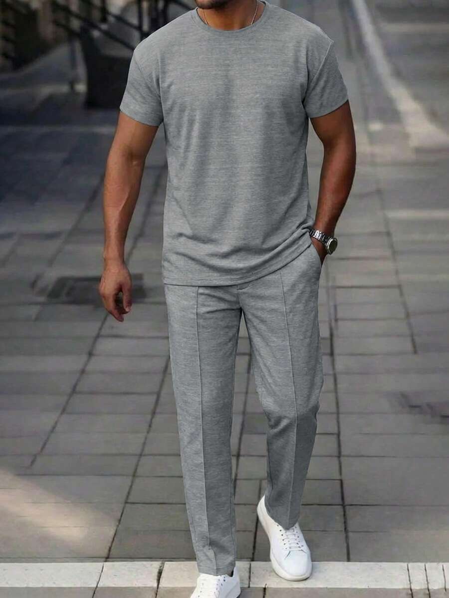 Manfinity Homme Men's Grey Summer Casual 2-Piece Set,Short Sleeve Crew Neck T-Shirt And Pant Matching Sets For City Break,Outdoor Sports,Daily Leisure & Travel Wear - Light Grey - View 1